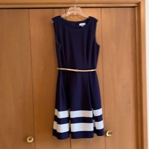 Navy Blue with White Stripes and a gold belt.